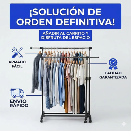 Perchero Ropero Doble Extensible Rueda Organizador 155 Metal Negro