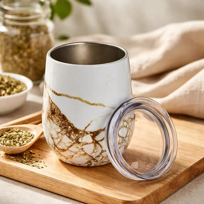 Mate Termico Acero Inoxidable Doble Pared Tapa Presion 320ml Blanco Con Dorado Mármol Blanco Con Vetas Doradas