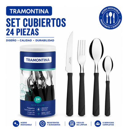 Set Juego De Cubiertos Pack X24 Piezas Pote Plastico Acero Negro