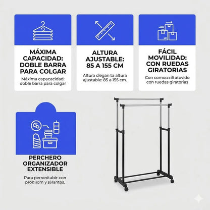Perchero Ropero Doble Extensible Rueda Organizador 155 Metal Negro