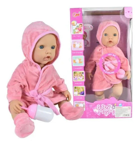 Muñeco Bebé 40cm Sonido Hace Pis Mamadera Ojos Móviles