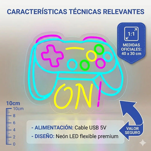 Letrero Cartel Neon Joystick On Gamer Pared Habitacion Usb Multicolor