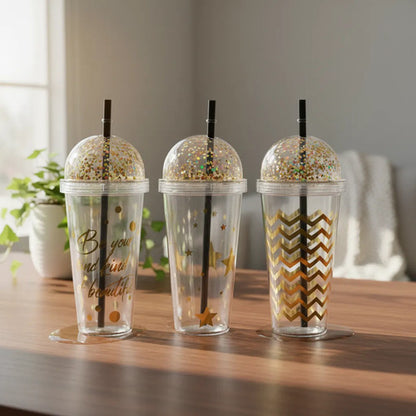 Vaso Acrílico Con Tapa Glitter Y Sorbito 450ml Bebida Aleatorio