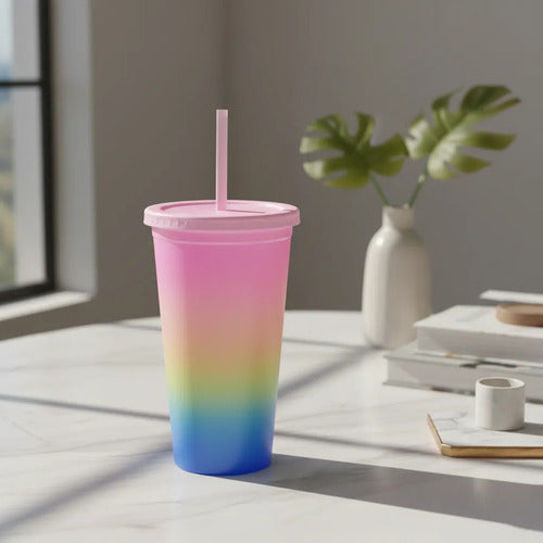 Vaso Acrílico Multicolor 450ml Con Sorbito Y Tapa Bebida Multicolor