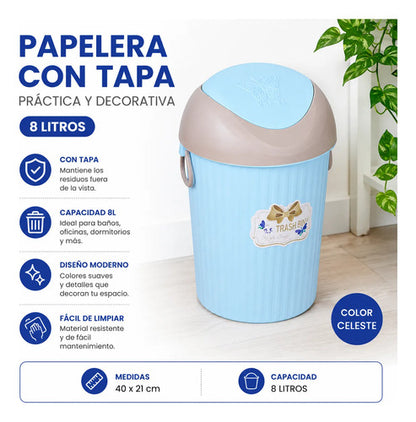 Papelera Cesto Residuos Tapa Vaivén 8l 40x21cm Basculante Celeste