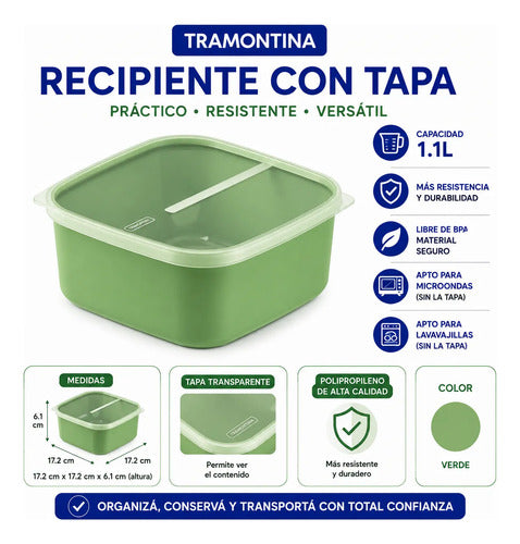 Recipiente Pote Tupper Cocina Tapa 1,1l Resistente Alacena Verde