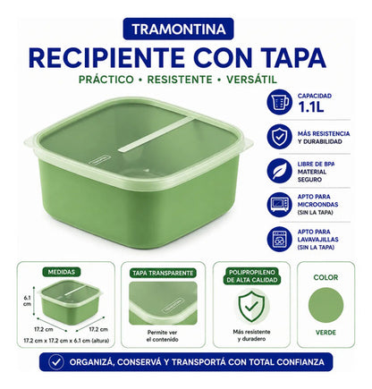 Recipiente Pote Tupper Cocina Tapa 1,1l Resistente Alacena Verde