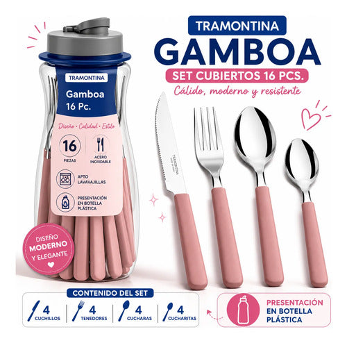 Set Juego De Cubiertos Acero Inoxidable Pack X16 Piezas Rosa