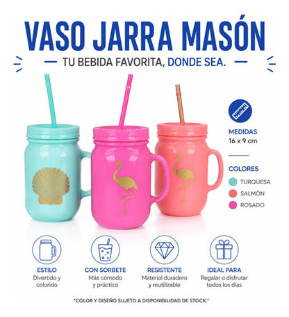 Vaso Jarra Plástica Masón Tapa Sorbito 16x9cm Asa Bebidas Aleatorio