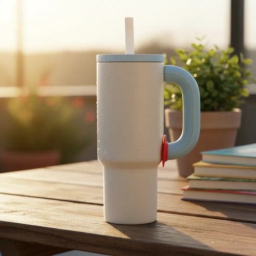 Vaso Termico 1.2l Acero Manija Sorbito Tapa 4 Color Botella Blanco Con Celeste Moderno Con Manija Y Sorbito
