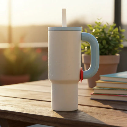 Vaso Termico 1.2l Acero Manija Sorbito Tapa 4 Color Botella Blanco Con Celeste Moderno Con Manija Y Sorbito