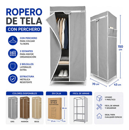 Ropero Guardarropas Organizador De Tela Percheros Estante Gris