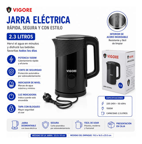 Jarra Eléctrica Hervidor Pava 2.3l 1500w Corte Seguridad Negro