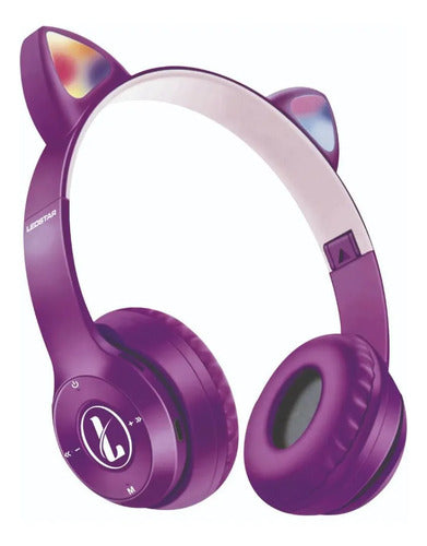 Auricular Orejas Gato Vincha Bluetooth Tf Micrófono Infantil Violeta