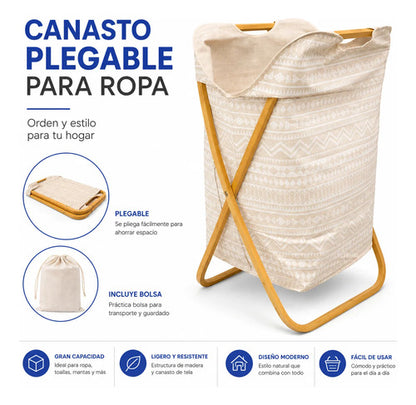 Canasto Cesto Ropa Plegable Ropa Lavanderia Madera Tela Beige Geométrico