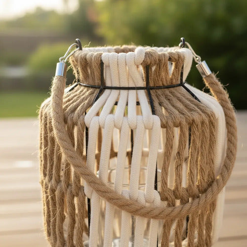 Farol Portavela Decorativo Recipiente Vidrio Y Asa Algodon Natural / Blanco / Beige