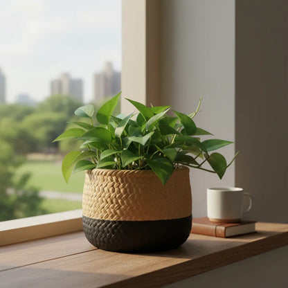 Maceta Cerámica Decorativa Labrada Diseño Yute 13cm Rústica Beige Con Negro