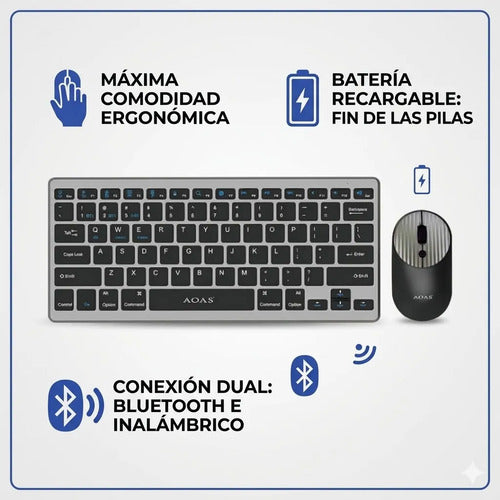 Combo Teclado Mouse Inalambrico Bluetooth Pc Windows Mac Os Plateado Negro