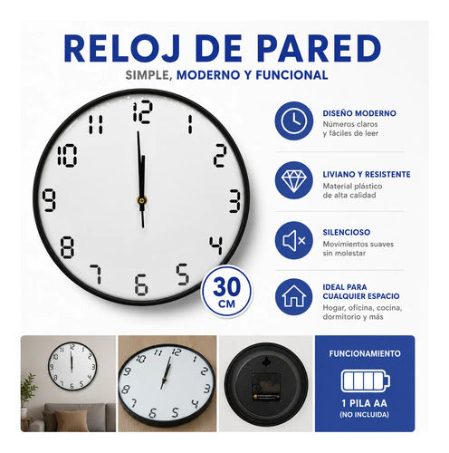 Reloj Pared Analogico Redondo 30cm Numeros Modernos Oficina Negro Blanco