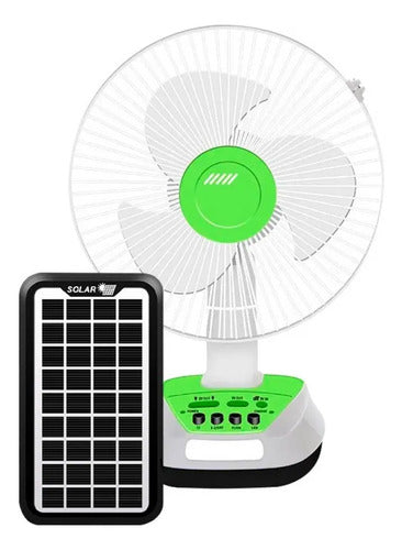 Ventilador Panel Solar Inalambrico Recargable Usb Focos 12  Blanco Con Verde