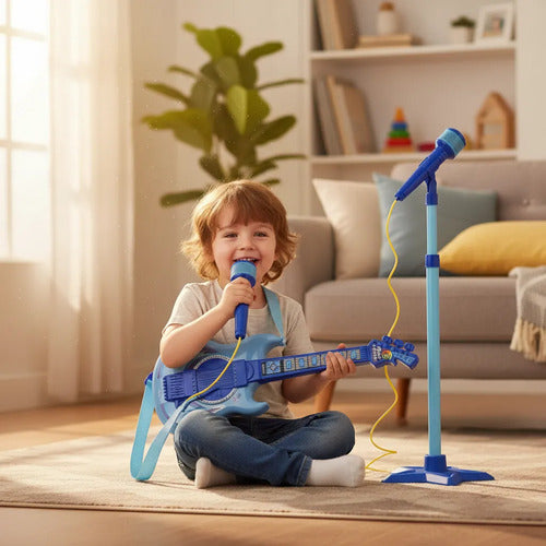 Guitarra Infantil Con Micrófono Regulable Luces Sonido Azul