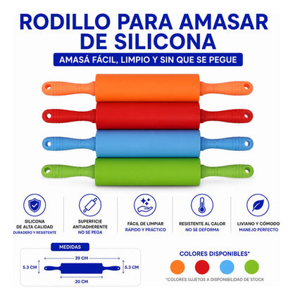 Rodillo Palo De Amasar Silicona Reposteria 39cm Cocina Verde