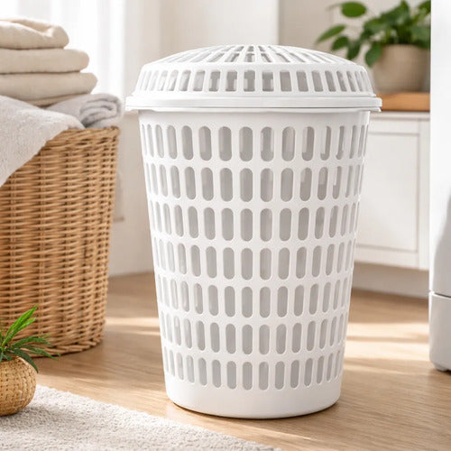 Cesto Canasto Ropa Plástico Calado Con Tapa Redondo Hogar Blanco