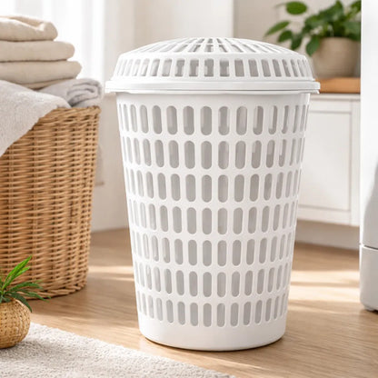 Cesto Canasto Ropa Plástico Calado Con Tapa Redondo Hogar Blanco