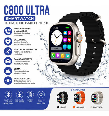 Smartwatch Reloj Inteligente C800 Ultra Manos Libres 1.99 Plateado/gris Claro Deportiva Aleatorio - 3 Colores