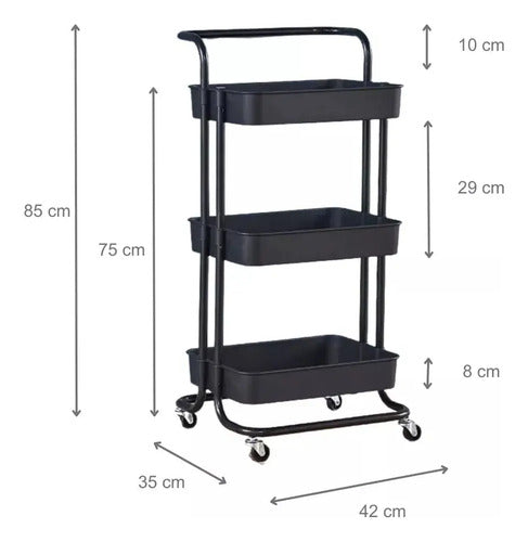 Carro Organizador Almacenamiento Metálico C/ruedas 3 Niveles Color Negro