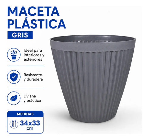Maceta Grande Plastica Decorativa 34x33cm Jardin Exterior Gris Acanalado Vertical