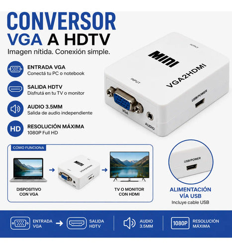Adaptador Conversor Vga A Hdmi Audio Usb Fhd 1080p Monitor