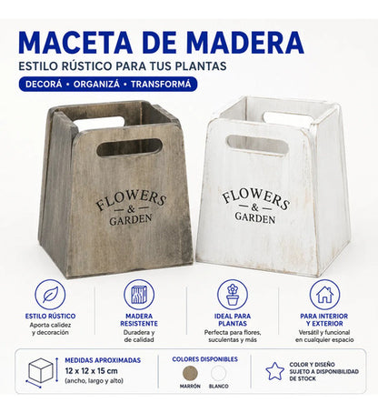 Maceta Rústica Madera Decorativa Asa 12x12x15cm Rectangular Blanco