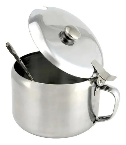 Azucarero En Acero Inox Con Cuchara Y Tapa Plateado