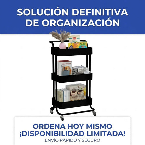 Carrito Organizador 3 Estante Multiuso Metal Rueda Estante Negro
