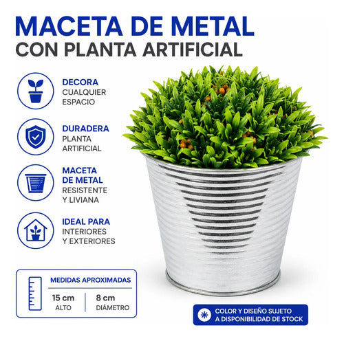 Maceta Metálica Y Planta Artificial Decorativa Hogar Jardin Plateado