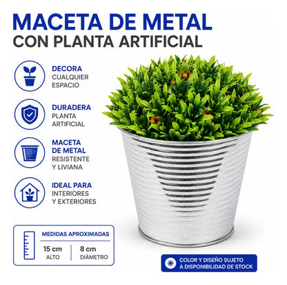 Maceta Metálica Y Planta Artificial Decorativa Hogar Jardin Plateado