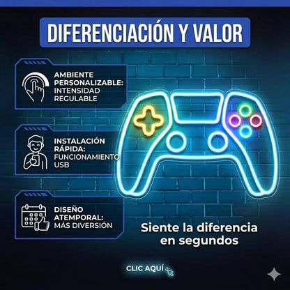 Cartel Letrero Luminoso Neón Joystick Gamer Usb Habitacion Blanco