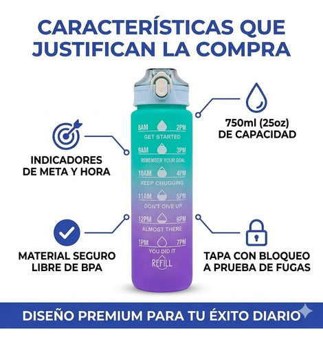 Botella Hidratacion Deportiva Motivacional Gimnasios 750 Mls Multicolor