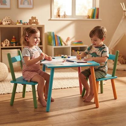 Set Mesa Infantil 2 Sillas Madera Fácil Armado Para Niños Celeste