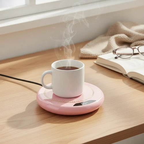 Base Calentadora Tazas Usb 20w Display Circular Eléctrico Rosa