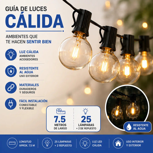 Guirnalda Guia Luz Cálida 7.5m 25 Lámparas + 2 De Repuesto Cálida