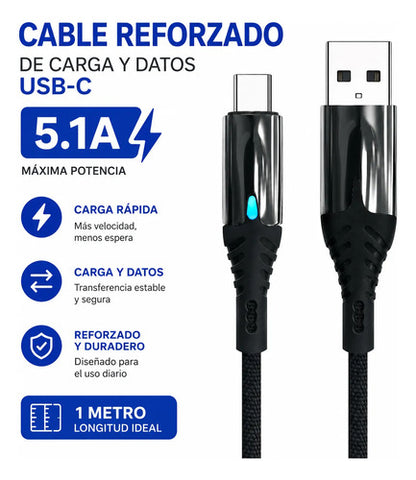 Cable Usb Tipo C Reforzado Carga Y Datos 1m Led Carga Rapida Negro