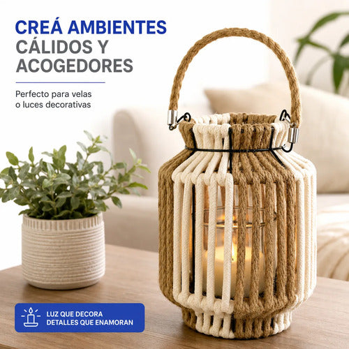 Farol Portavela Decorativo Recipiente Vidrio Y Asa Algodon Natural / Blanco / Beige