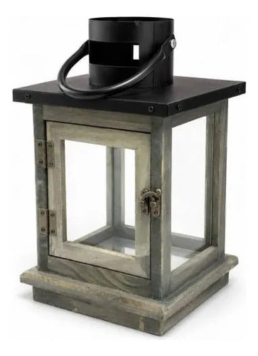 Farol Decorativo Rústico Portavelas Madera Metal 26x15cm Gris Envejecido Con Negro