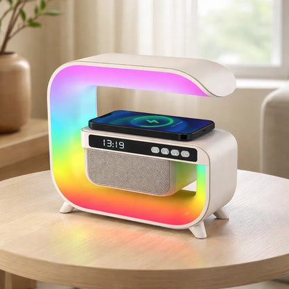 Parlante Cargador Inalambrico Bluetooth Reloj Led Rgb Blanco