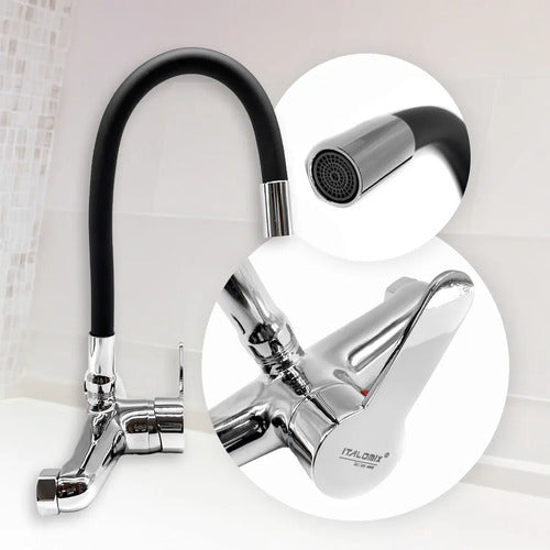 Monocomando Flexible 20cm Pico Negro Cocina Pared Mesada