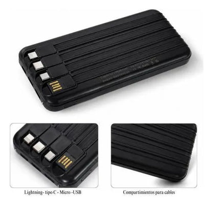 Power Bank 10000mah 22.5w Cables Integrados Carga Rápida Negro