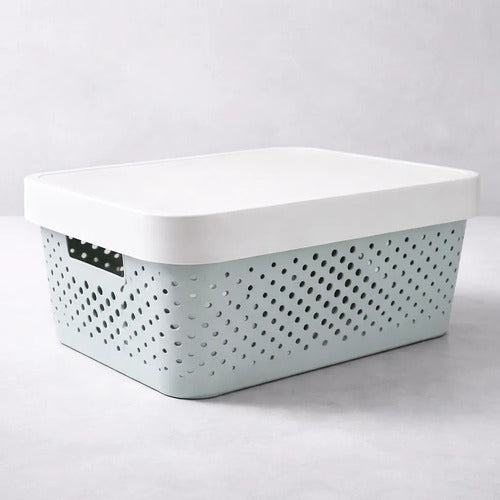 Canasto Plastico Calado Tapa Asas 37x28x15cm Organizador Celeste