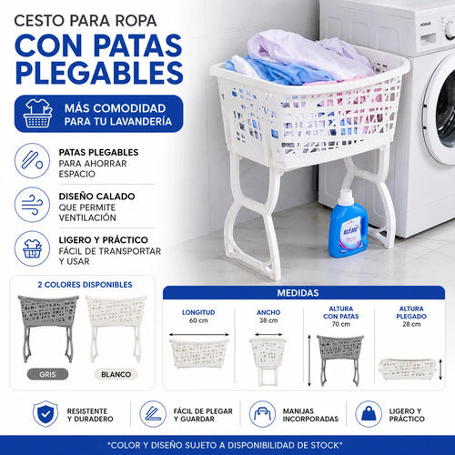 Canasto Ropa Plegable Patas Altura Cesto Hogar Baño Lavadero Blanco Calado